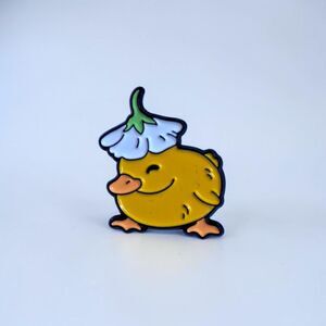 Cute Duckling with Flower Hat Enamel Pin | Kawaii Yellow Duck Lapel Badge